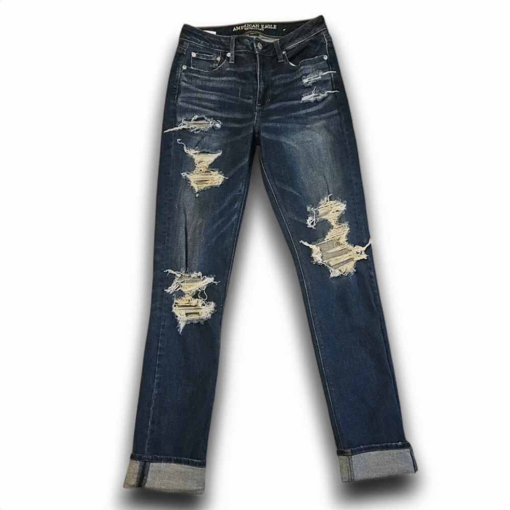 American Eagle Hi-Rise Slim Strecth X Jeans Distressed Destroyed 8 X-Long NWOT